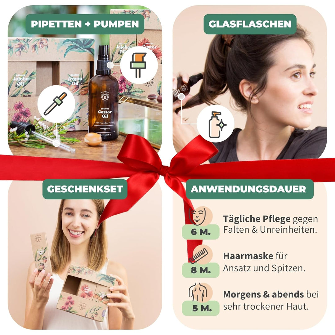 Bionoble Skincare Set 3x100ml - Bio Arganöl, Jojobaöl & Rizinusöl - Pflege für Gesicht, Körper und H