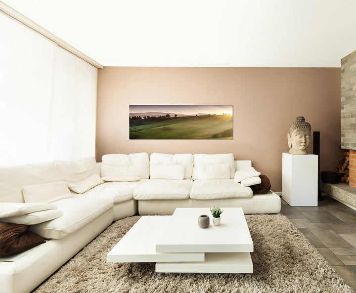 Paul Sinus Art Panoramabild auf Leinwand und Keilrahmen 150x50cm Ukraine Wiesen Berge Morgenlicht