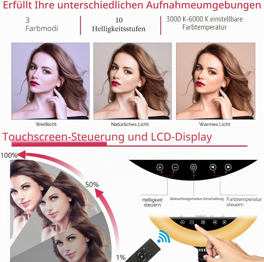 EOTO LIGHT 48,3 cm LED-Ringlicht mit Stativ, Touch-Panel für Make-up-Studio, Porträt, YouTube, Vlog,