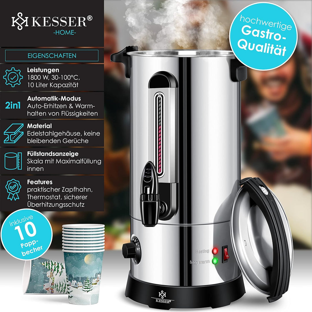 KESSER® Glühweinkessel 10L Edelstahl Inkl. 10x Becher Glühweinkocher mit Thermostat Glühweinautomat