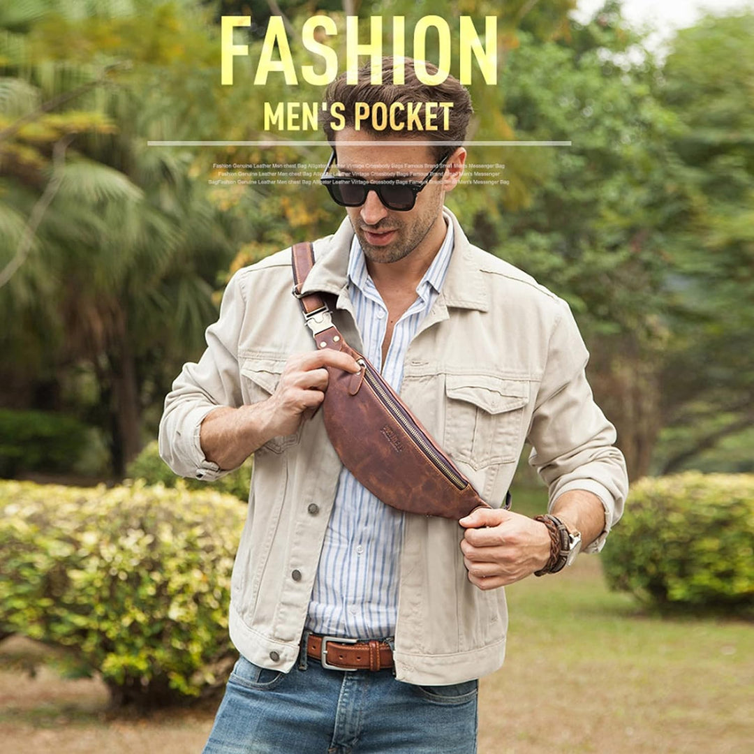 FANDARE Retro Brusttasche Leder Bauchtasche Sling Waist Bag Herren Unternehmen Schultertasche Umhäng