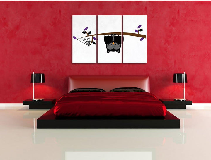 Pixxprint Fledermaus Eule auf AST als Leinwandbild/Grösse: 3 Teilig (120x80) cm/Wandbild/Kunstdruck/