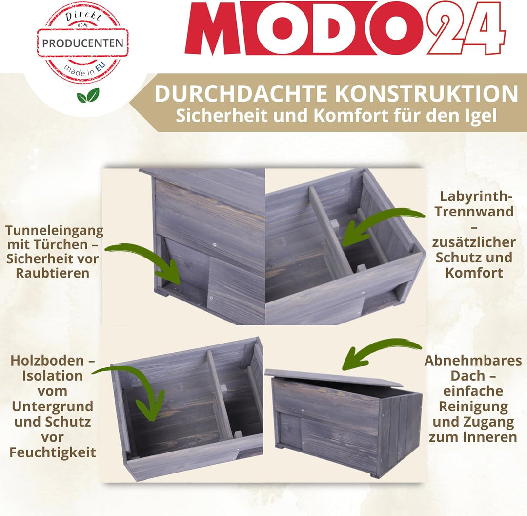 Igelhaus aus Holz, Stabiles Igel Winterquartier mit Labyrintheingang, Boden & Trennwand, Igelhütte/I