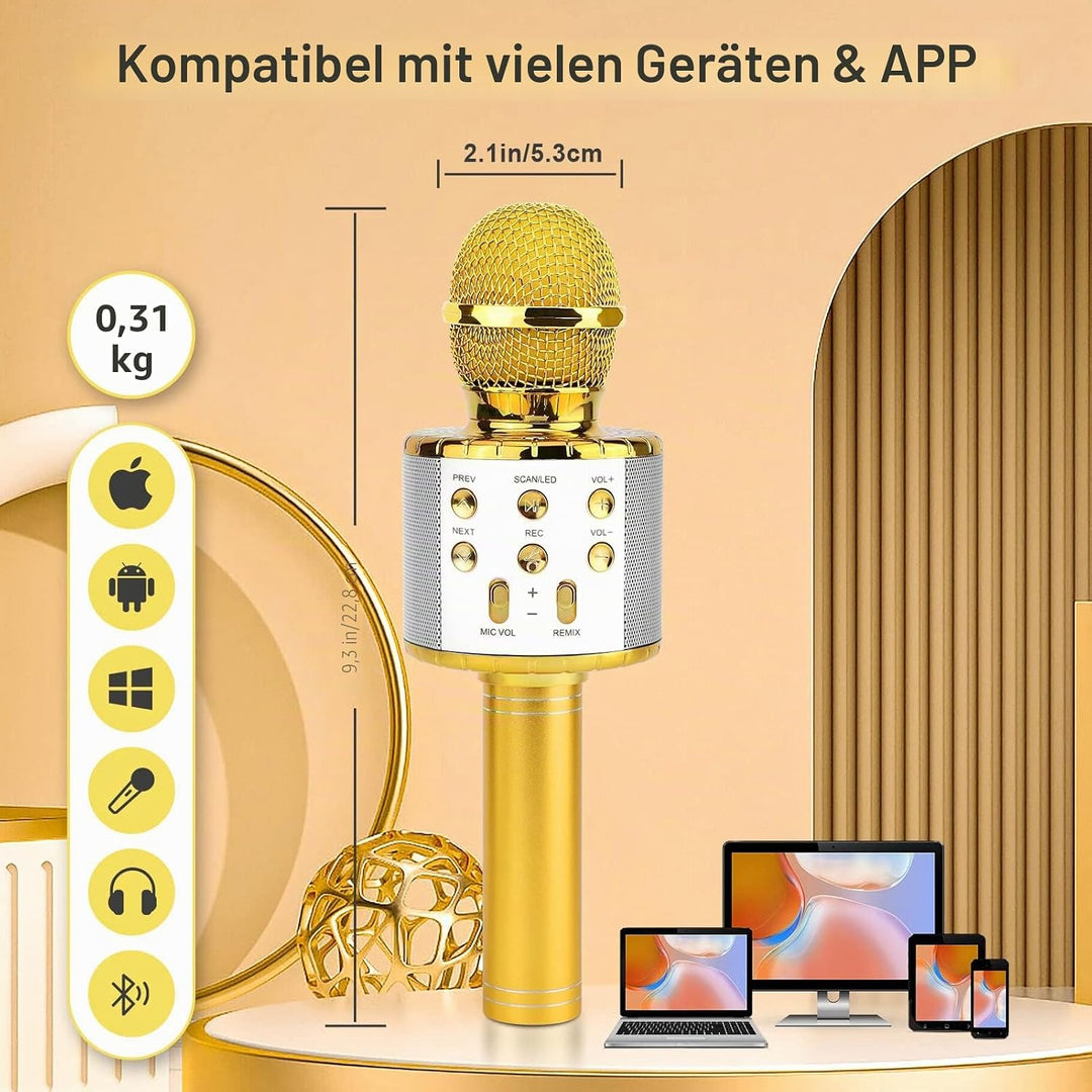 ShinePick Drahtloses Bluetooth Karaoke Mikrofon für Kinder - Tragbare LED 4 in 1 Sing Microphone für