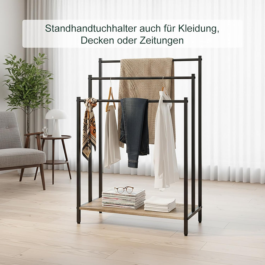 Relaxdays Handtuchständer mit Ablage, HxBxT: 82,5x60x28 cm, Holzoptik, 3 Stangen, Handtuchhalter ste