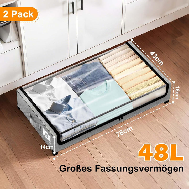 2 Stück Unterbett Aufbewahrungsbox mit Rollen und Deckel, Unterbettkommode mit klaren Deckeln & Etik