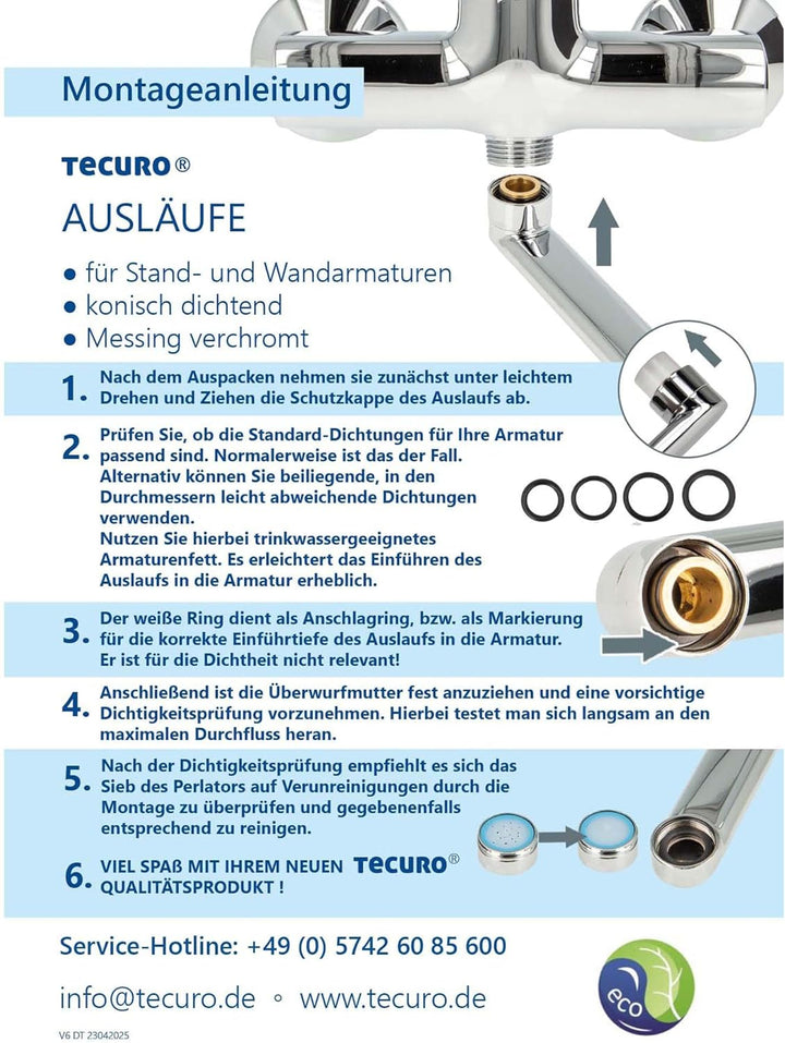 tecuro S-Auslauf für Wand-Armaturen 3/4 Zoll konisch dichtend, Länge 250 mm, Messing verchromt
