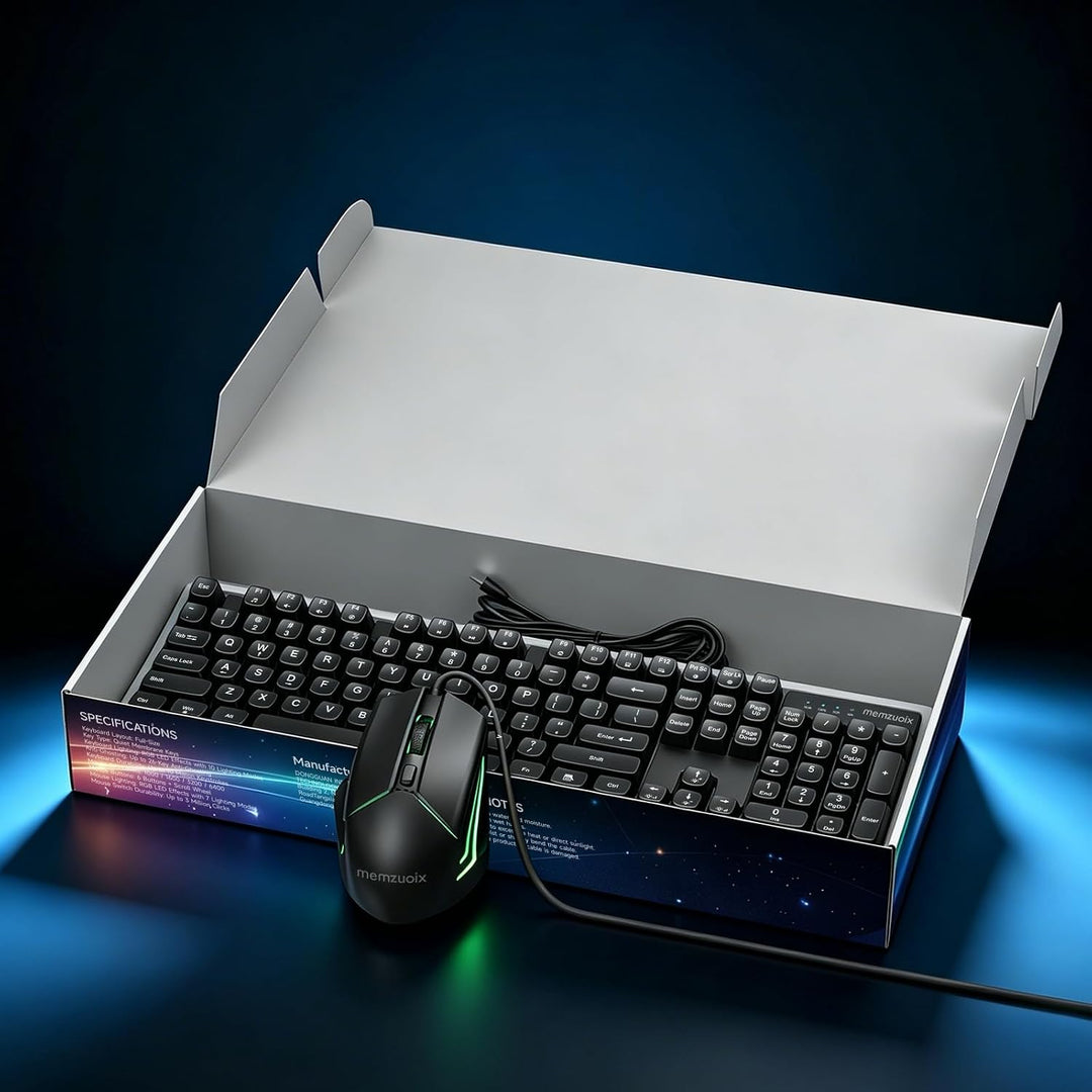 QWERTZ Kabelgebundenes Tastatur Maus Set, USB Full-Size Tastatur mit RGB LED Beleuchtung, leise Memb