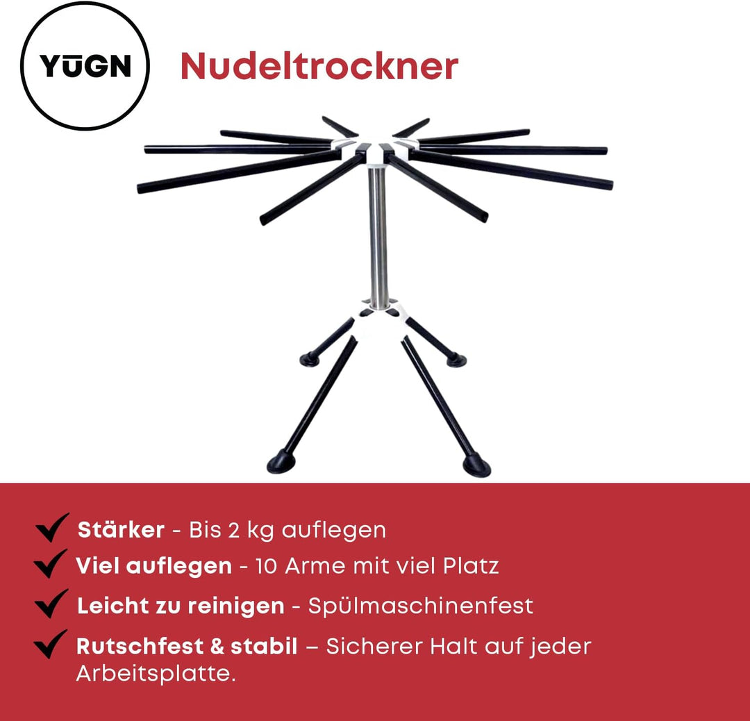 YUGN® Nudeltrockner Edelstahl Pastatrockner Nudelständer - Enthält 10 Arme und Ist Spülmaschinenfest