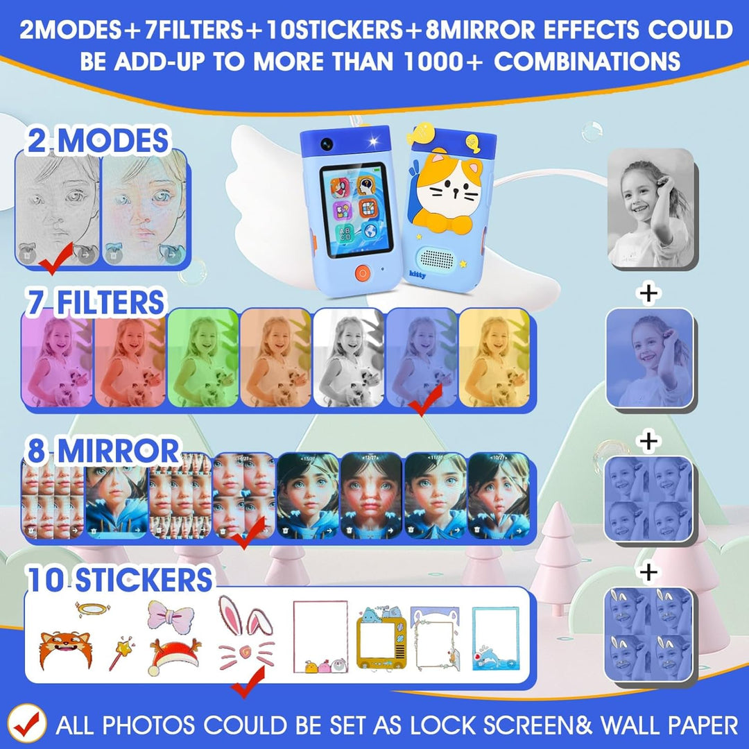 Kinderkamera Spielzeug mit 180° Drehobjektiv, Kinder Handy Smartphone mit 2.8 inch Touchscreen & Sil