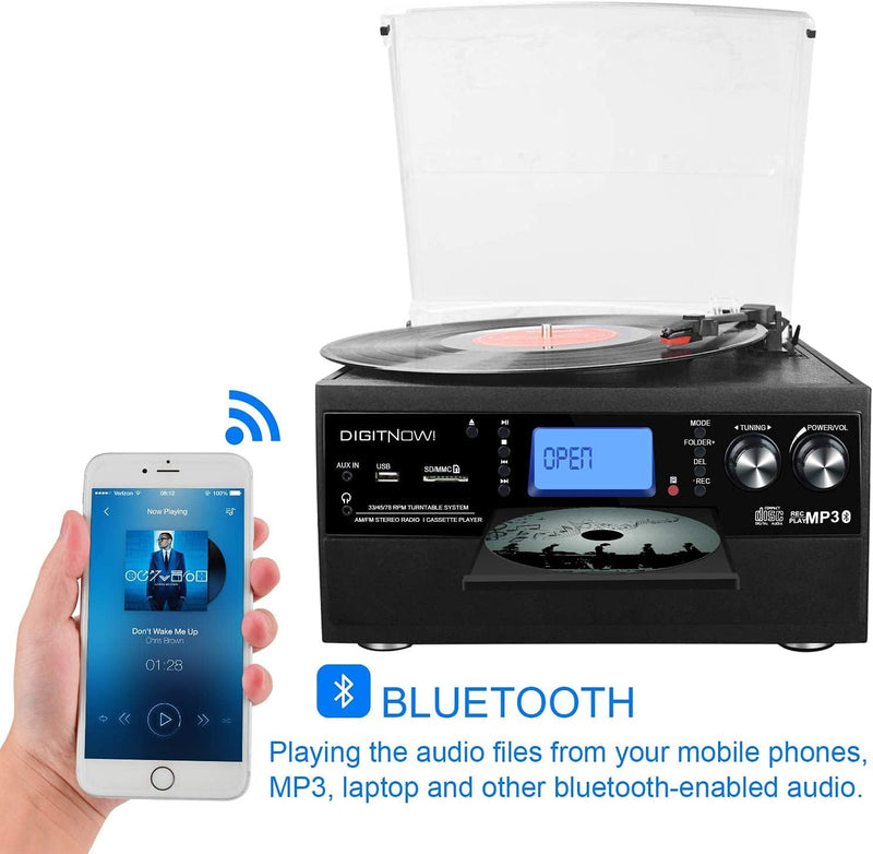 Bluetooth Plattenspieler mit Stereo Lautsprecher, LP Vinyl zu MP3 Konverter, 3 Geschwindigkeit Schal