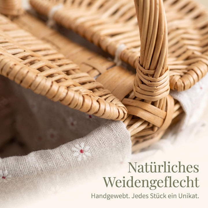 Picknickkorb mit Deckel, Kleiner Weidenkorb mit henkel und Liner | 25 x 18 x 13 cm, Einkaufskorb Gef