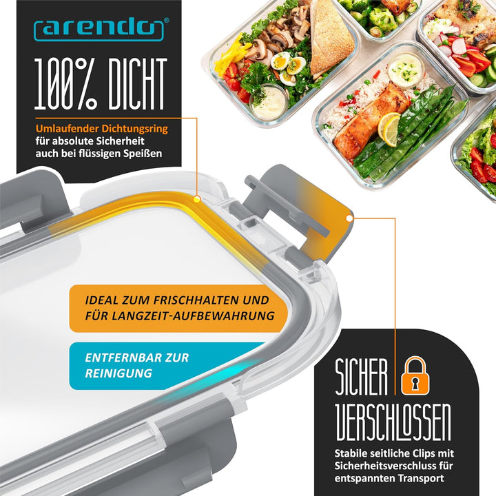 Arendo - Lunchboxen Glas - Frischhaltedosen für Lebensmittel mit Deckel luftdicht - 5er Set - 1000 m