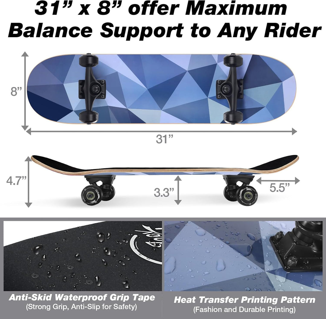 BELEEV Skateboard 31x8 Zoll Komplette Cruiser Skateboard für Kinder Jugendliche Erwachsene, 7-Lagige