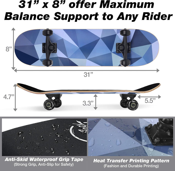 BELEEV Skateboard 31x8 Zoll Komplette Cruiser Skateboard für Kinder Jugendliche Erwachsene, 7-Lagige