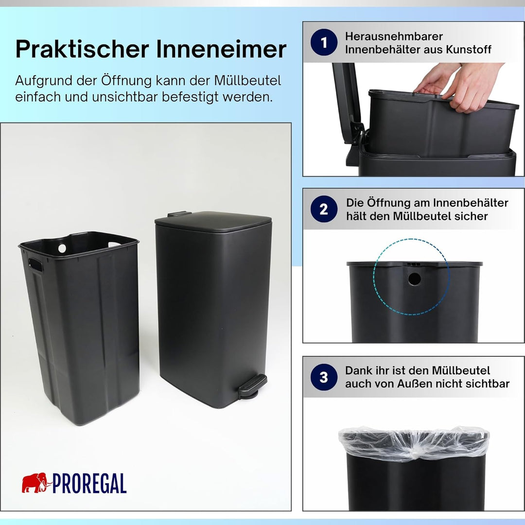 PROREGAL Mülleimer Küche Bad 50L, Abfalleimer mit Softclose & Stay-Open Deckel, Fusspedal & Inneneim