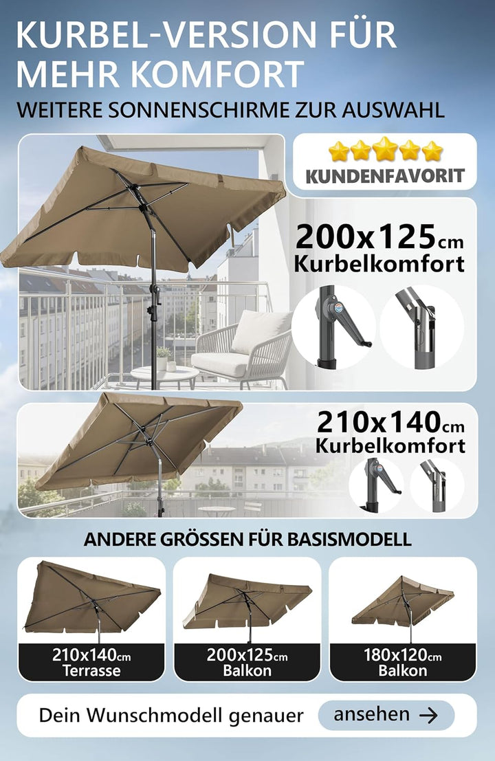 Menz Balkonschirm mit Kurbel, Sonnenschirm rechteckig 200x125 cm, Sonnenschirm Balkon, UV 50+ Sonnen