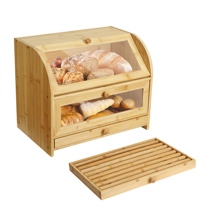 Ribelli Bambus Brotkasten mit 2 Etagen und Schublade, Grosser Brotbehälter mit Brotschneidebrett, Ho