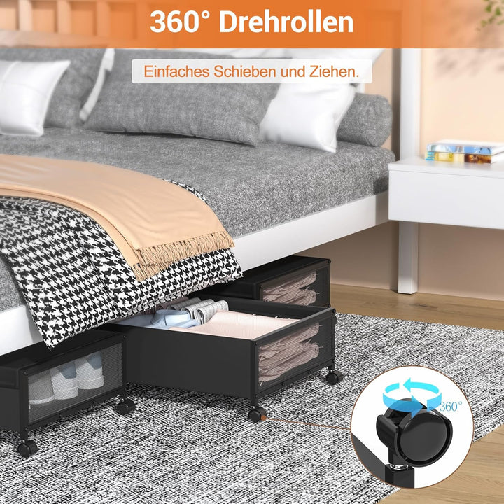 Unterbett Aufbewahrungsbox, 2 Stück Unterbettkommode mit Rollen, Metallrahmen Unterbett Aufbewahrung