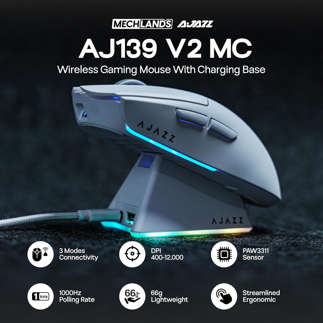 MechLands AJ139 V2 MC Gaming-Maus mit Ladestation, einstellbare 12000 DPI, PAW3311-Sensor, 3 Modi, k