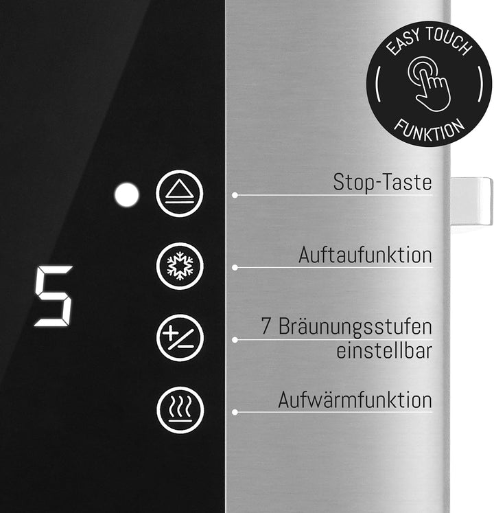 LEBENLANG Langschlitz Toaster 4 Scheiben mit Brötchenaufsatz - Touchscreen LED Display & 7 Stufen I