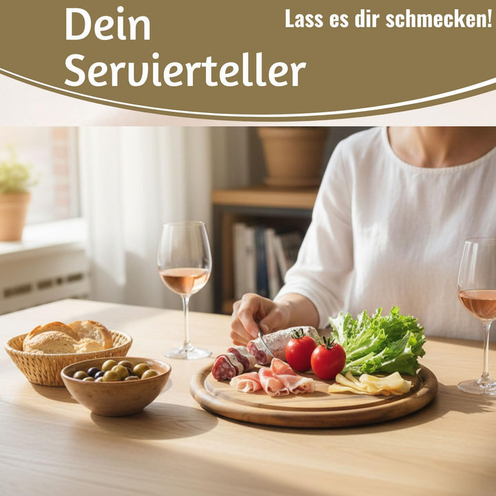 LS-LebenStil 6x Holz Fleischteller 25cm Rund FSC Akazie - Set - 6 Stück - Schneidebrett mit Saftrill