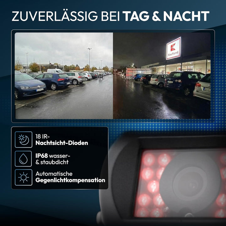 VSG24 Rückfahrkamera Set für Wohnmobile &amp; Camper mit 2 Kameras und 7 Zoll Monitor – kabelgebunden, w