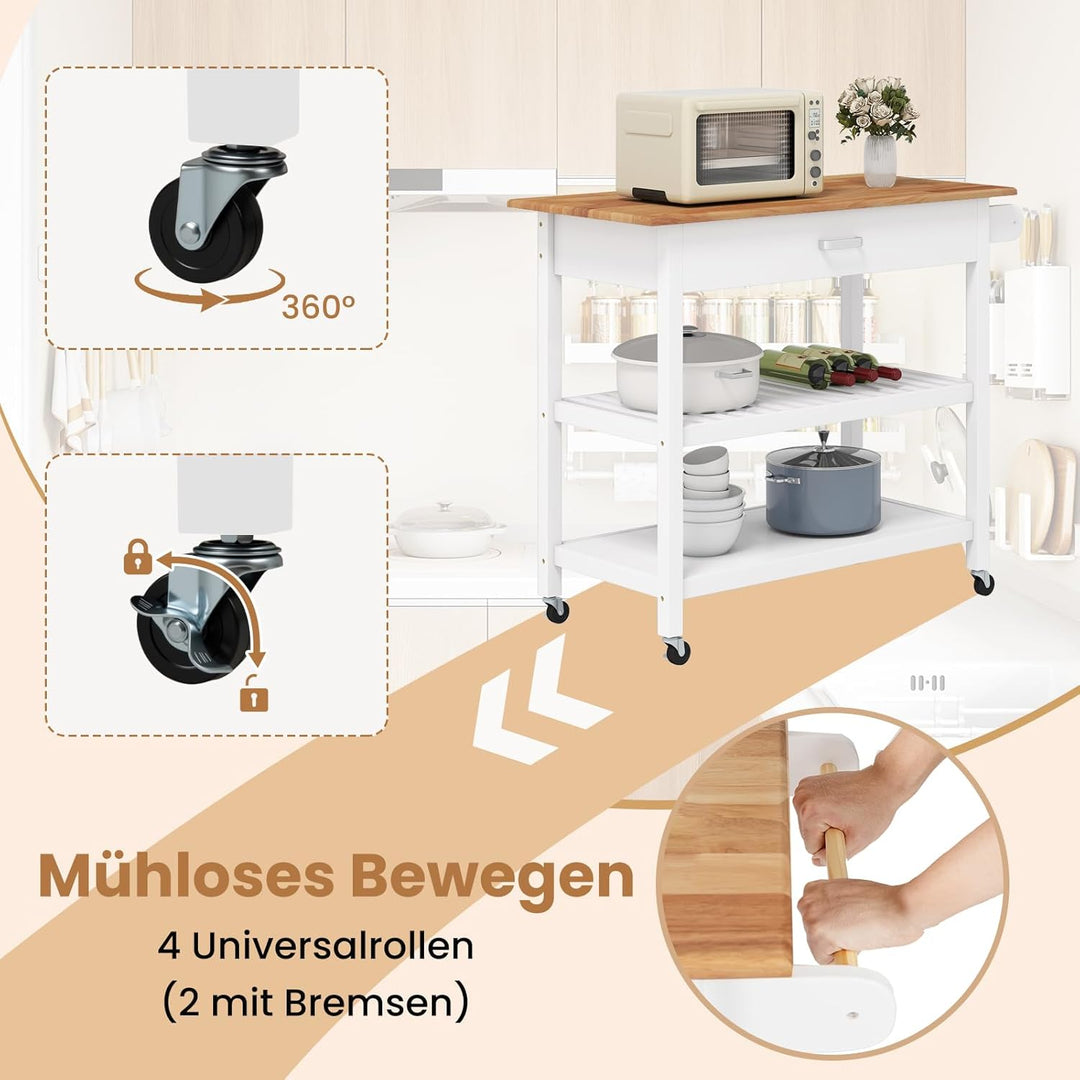 COSTWAY Küchenwagen, Mobile Kücheninsel mit Arbeitsplatte, 3-stöckiger Küchenrollwagen mit 2 offenen