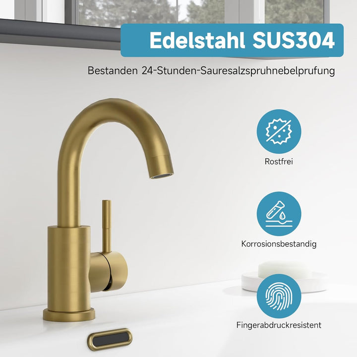 Wasserhahn Bad Gebürstetes Gold, Wasserhahn Küche Edelstahl, 360° Drehbar Waschtischarmatur Hoch, Ei