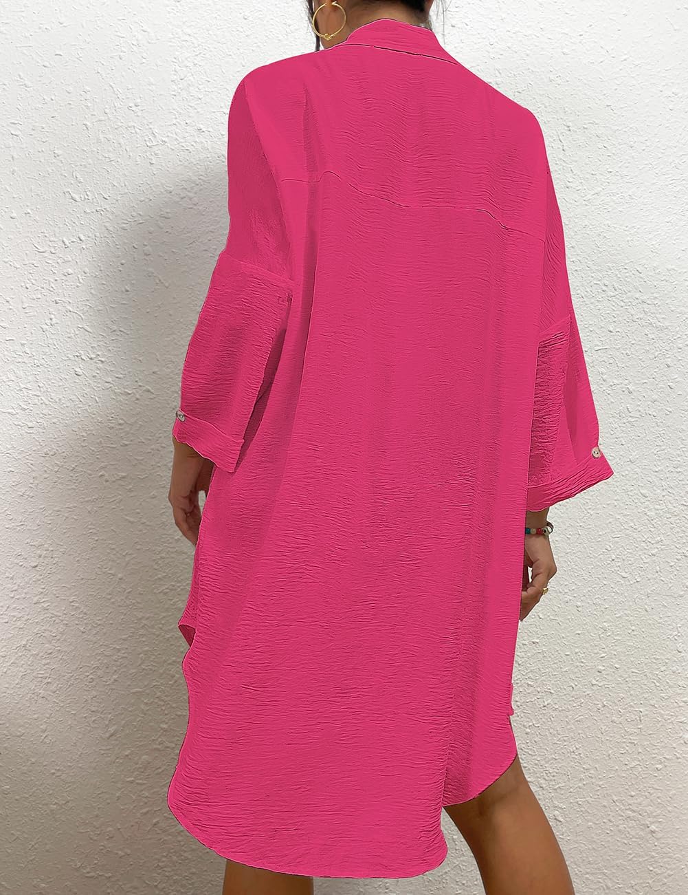 Bsubseach Frauen Badeanzug Coverup Shirt Kleid Button Down Badeanzug Cover Up Beachwear B-rose Rot L