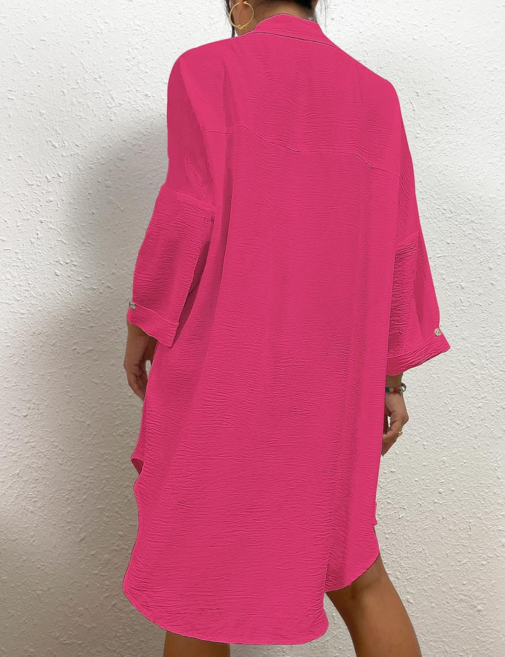 Bsubseach Frauen Badeanzug Coverup Shirt Kleid Button Down Badeanzug Cover Up Beachwear B-rose Rot L