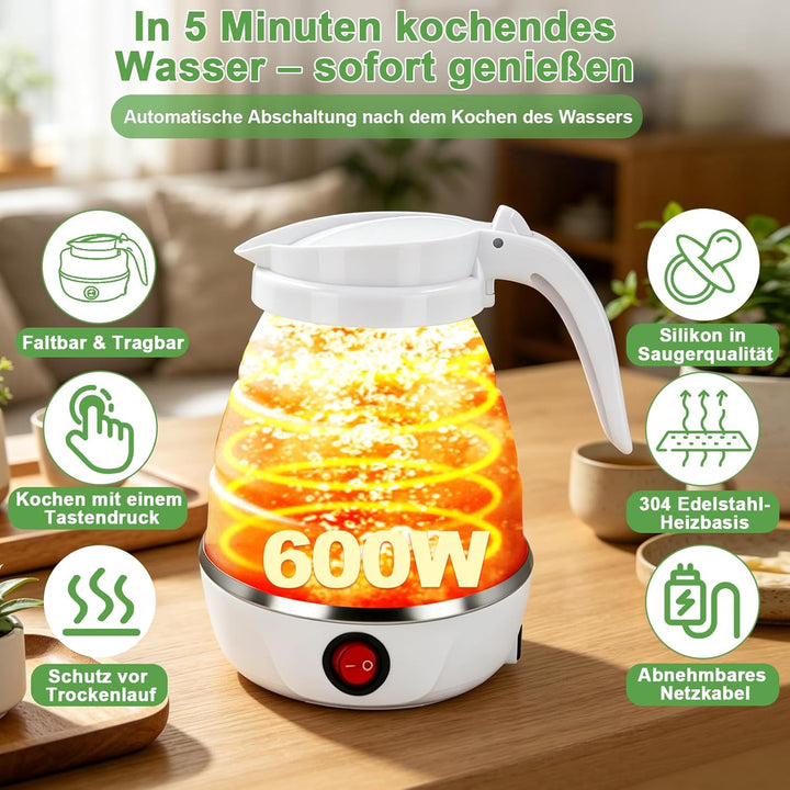 Faltbarer Wasserkocher 600ml Reisewasserkocher Klein Silikon Wasserkocher Camping Faltbar Wasserkess