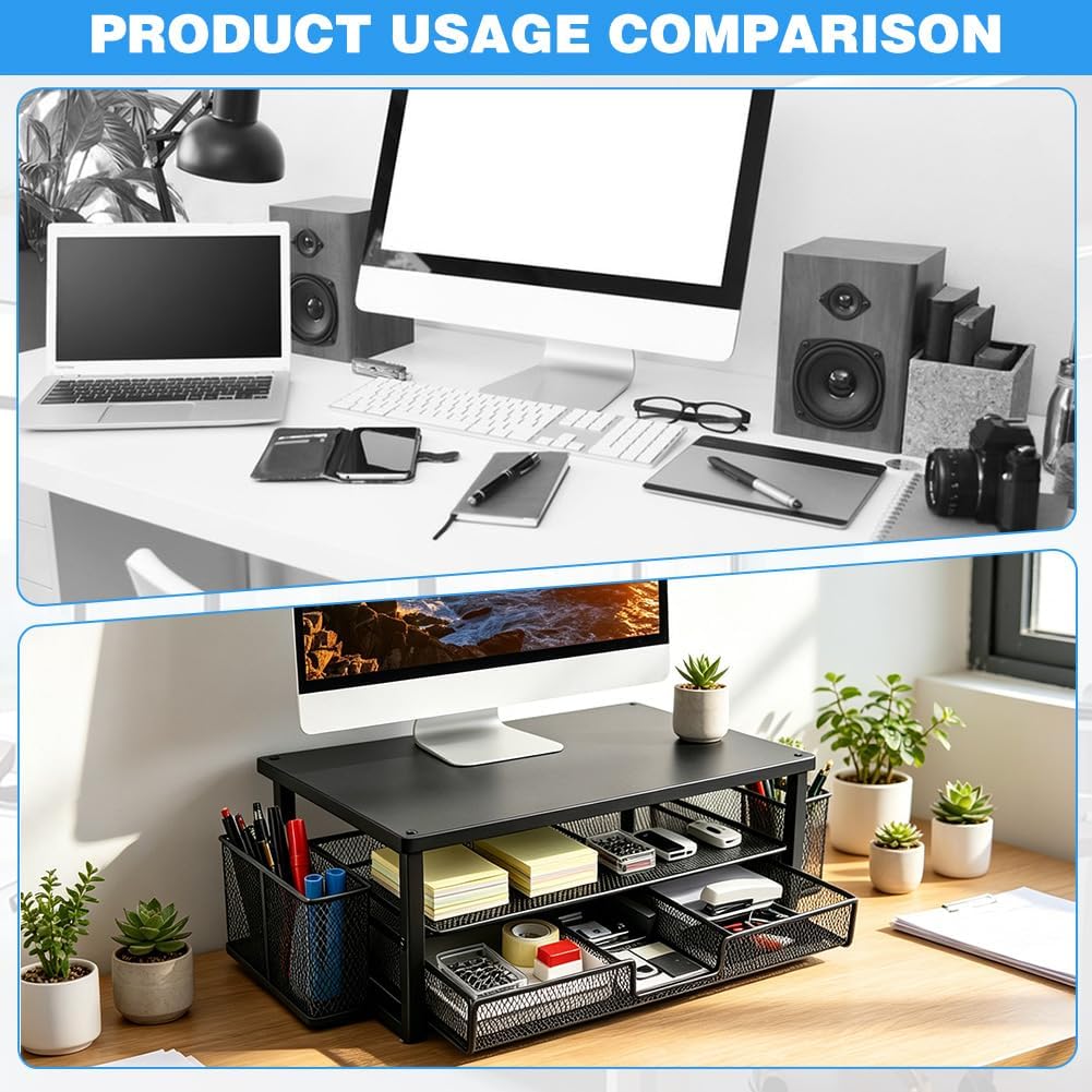 Monitorständer, Monitor Erhöhung Schreibtisch mit Schublade und Stifthaltern, 2-stufiger ergonomisch
