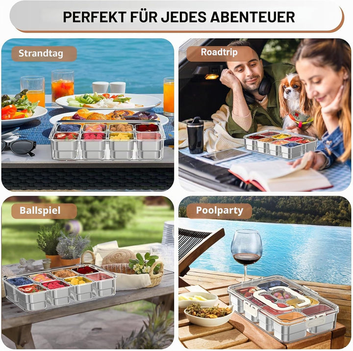 Snackle Box Behälter, Edelstahl-Lebensmittelbehälter mit 8 Fächern, Silikondeckel und Griff, durchsi