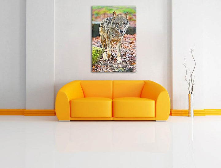 Wolf im Laubwald Deluxe Format: 100x70 cm auf Leinwand, XXL riesige Bilder fertig gerahmt mit Keilra