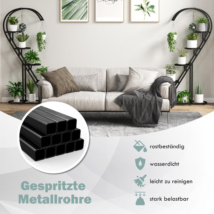 GOPLUS 5-stufiger Metall-Pflanzenständer in Herzform, Pflanzenregal mit 4 Aufhängehaken, Lamellenabl