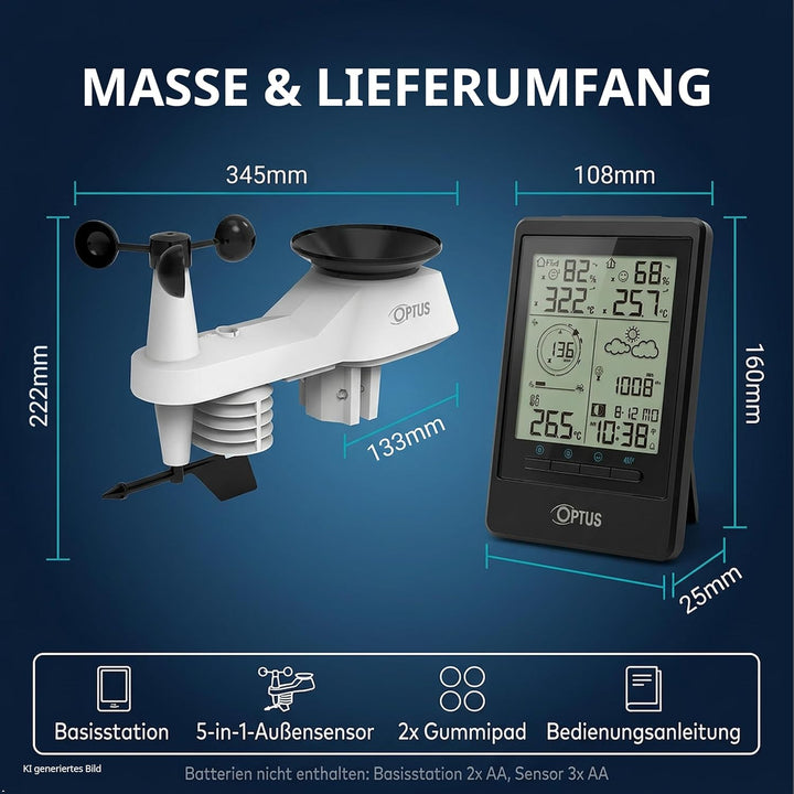 Optus 5-in-1 Funk-Wetterstation mit Aussensensor – Messung von Temperatur, Luftfeuchtigkeit, Wind, R