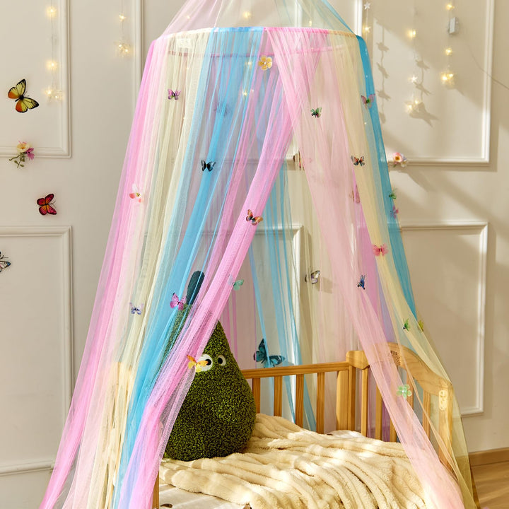 Regenbogenbett Vordach mit Schmetterlingen für Mädchen,Atemaktiver Vordach für Bett,Prinzessin Spiel