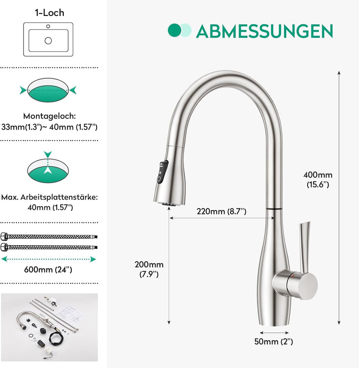 CREA Touch Sensor Wasserhahn Küche, Küchenarmatur mit Ausziehbarer Brause, Mischbatterie Küche mit 3