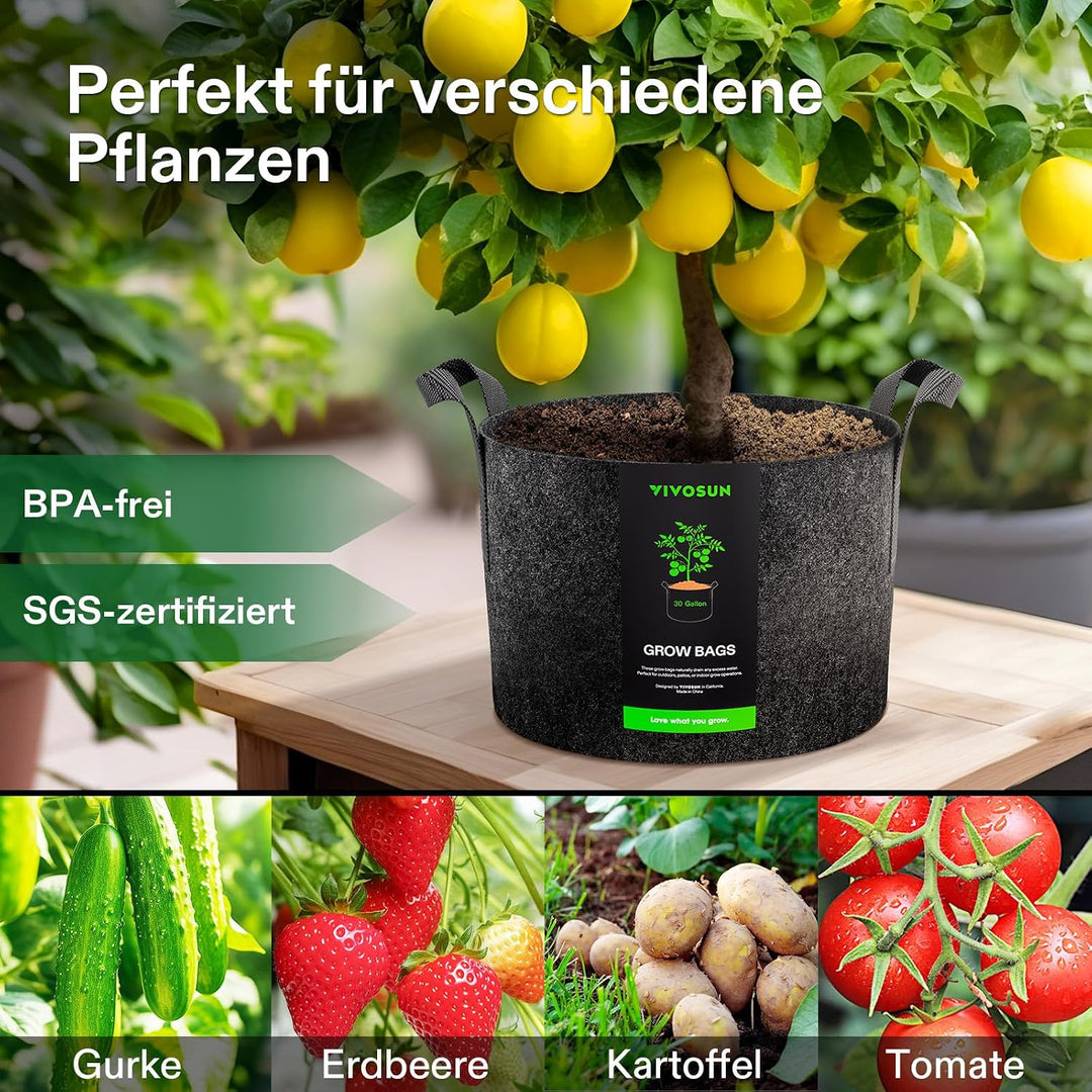 VIVOSUN 5 Stück 30 Gallonen Pflanzen Wachstum Taschen, Verdickte Vliesstoff Pflanzsack mit Starken G