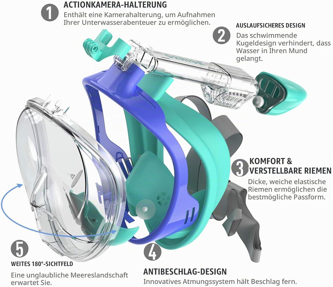 G2RISE® Schnorchelmaske, Tauchmaske, Faltbare CO2-sichere Schnorchel Vollmaske mit Kameraposition fü