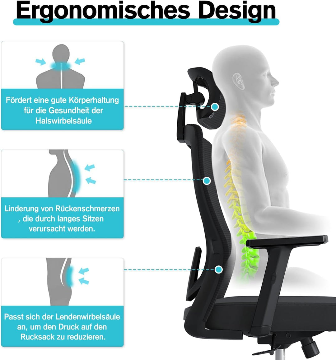 Bürostuhl mit 120° Wippfunktion, Schreibtischstuhl Ergonomischer Bürostuhl mit Verstellbarer Lendenw