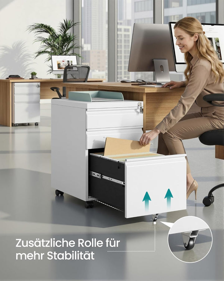 SONGMICS OFC033W101 Büroschrank mit 3 Schubladen, Rollfach auf Rollen, für Zuhause, Stahlgestell, 3