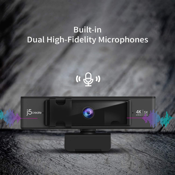 j5create 4K-Ultra-HD-Webcam mit 5X Digitalzoom, Sichtschutz, Zwei High-Fidelity-Mikrofonen, Fernbedi