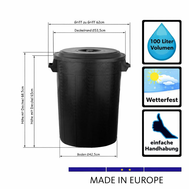 Universaltonne 100 Liter Deckel 2 Tragegriffen Allzweck Tonne Schwarz (100 Liter Tonne mit
