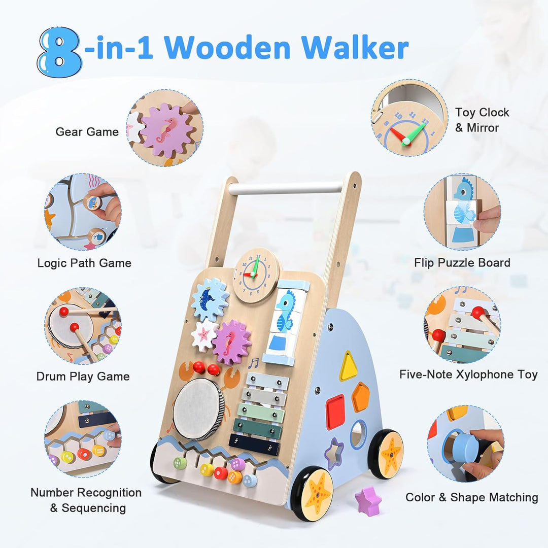 BugyKido Lauflernwagen Holz 8 In 1 Verwendung für Kinder Ab 3–9 Monaten, Multifunktion Lauflernhilfe