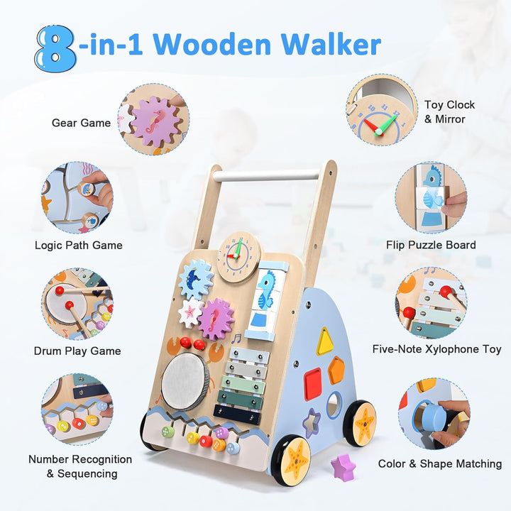 BugyKido Lauflernwagen Holz 8 In 1 Verwendung für Kinder Ab 3–9 Monaten, Multifunktion Lauflernhilfe