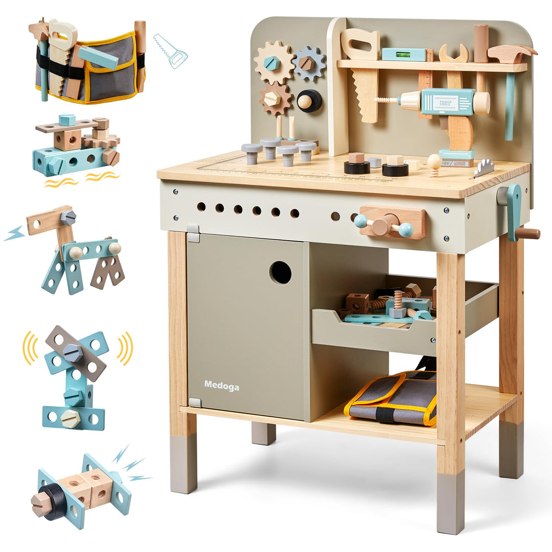 Kinder Werkzeug Bank, Holz Spiel Werkzeuge Set mit Kinder Werkzeug Gürtel Kleinkinder Werkbank Prete