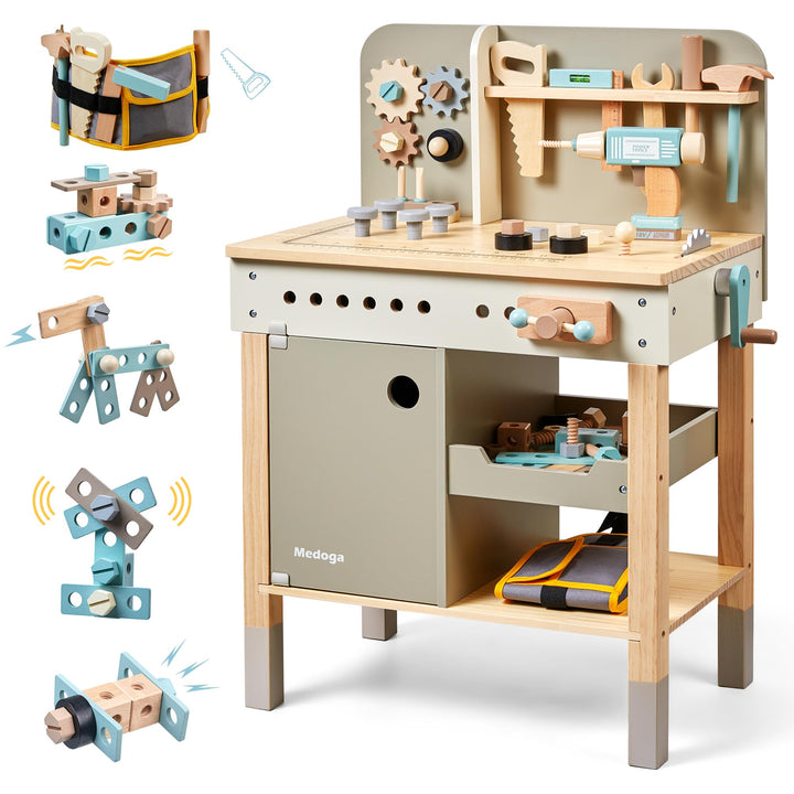 Kinder Werkzeug Bank, Holz Spiel Werkzeuge Set mit Kinder Werkzeug Gürtel Kleinkinder Werkbank Prete