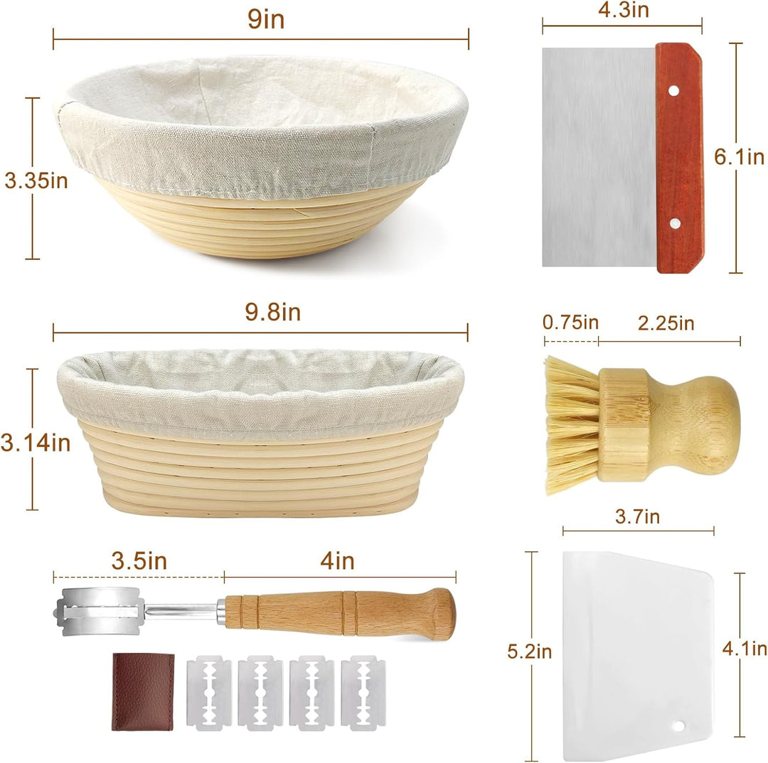 Banneton Brotgärkörbchen-Set für Sauerteigbrotbacken: 23cm runde & 25cm ovale Rattan-Gärkörbchen mit